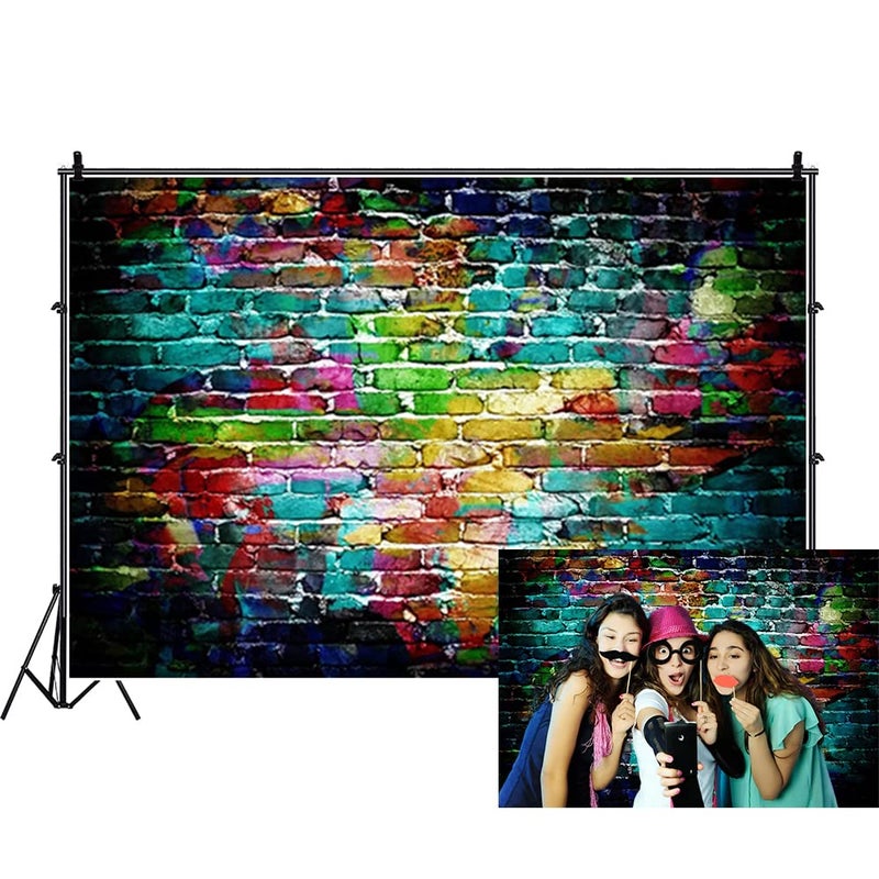 Renaiss 7x5ft Colorful Graffiti Brick Wall Backdrop Vintage 80's 90's Hip Hop Discos Street Art Brick Wall Photography Background for Wedding Baby Shower Birthday Themed Party Decor Photo Props - Image 1